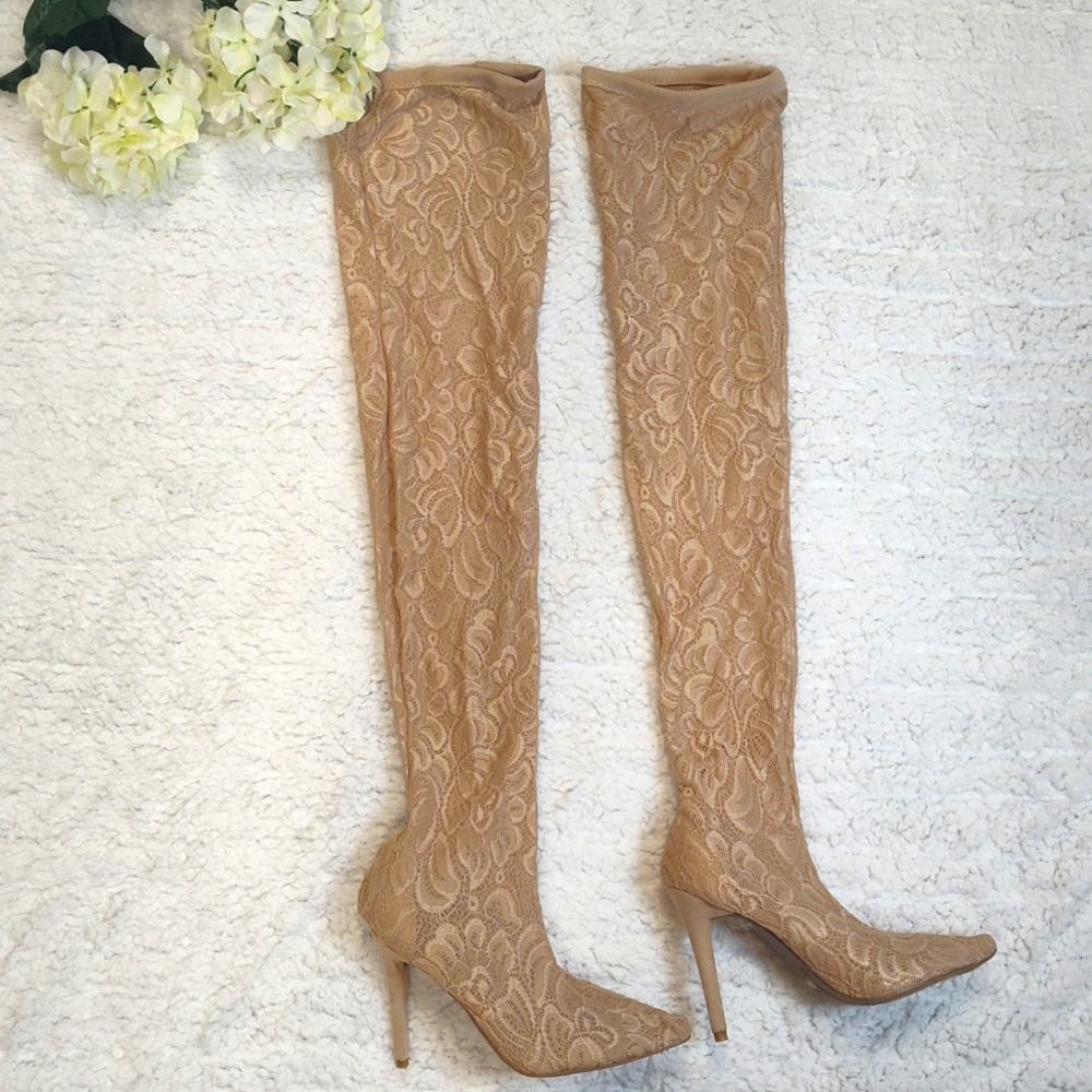 NWOT Anne Michelle thigh high nude heels.